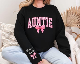 Custom Auntie Coquette Bow  Sweatshirt, Custom Auntie Sweater with Kid Name, Floral Bow Mom Hoodie, Pink Toile Bow Auntie,Mother's Day Gifts