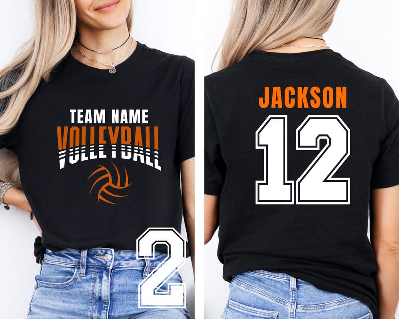 May include: Black volleyball team shirt with the text "TEAM NAME VOLLEYBALL" in white and orange. The shirt also features a volleyball graphic and the number "12" with the name "JACKSON" on the back.