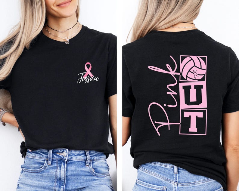 May include: Black t-shirt with a pink ribbon and the name "Jessica" in cursive. The back of the shirt features the words "Pink Out" with a volleyball and ribbon graphic. The shirt is a tribute to breast cancer awareness.