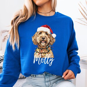 Pu&ograve; includere: Felpa blu reale con un golden doodle con cappello di Babbo Natale e luci natalizie. Il nome del cane, "Molly", &egrave; scritto in bianco. La felpa &egrave; a girocollo.