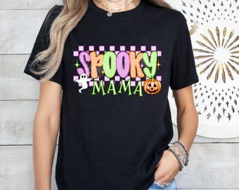 Retro Checkered Spooky Mama T-Shirt, Halloween Pumpkin Mama Shirt, Ghost Mama Shirt ,Halloween Mama  Shirt ,Spooky Mama Shirt, Gift For Mom