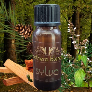 Puede incluir: Una botella de vidrio marrón con tapa negra, etiquetada "Aethera Blend Sylva". La botella se encuentra sobre un fondo de bosque con agujas de pino, una piña y trozos de madera. La etiqueta tiene un diseño dibujado a mano.