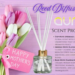 Könnte beinhalten: Ein Strauß aus rosa und violetten Blumen mit einem rosa Etikett, auf dem "Happy Mother's Day" steht. Im Hintergrund befindet sich eine klare Glasflasche mit weißen Schilfrohren und einem goldenen Deckel. Der Text "Reed Diffusers aura SCENT PROFILE" befindet sich über der Flasche. Der Text unter der Flasche beschreibt das Duftprofil des Diffusors, einschließlich der Kopf-, Herz- und Basisnoten.
