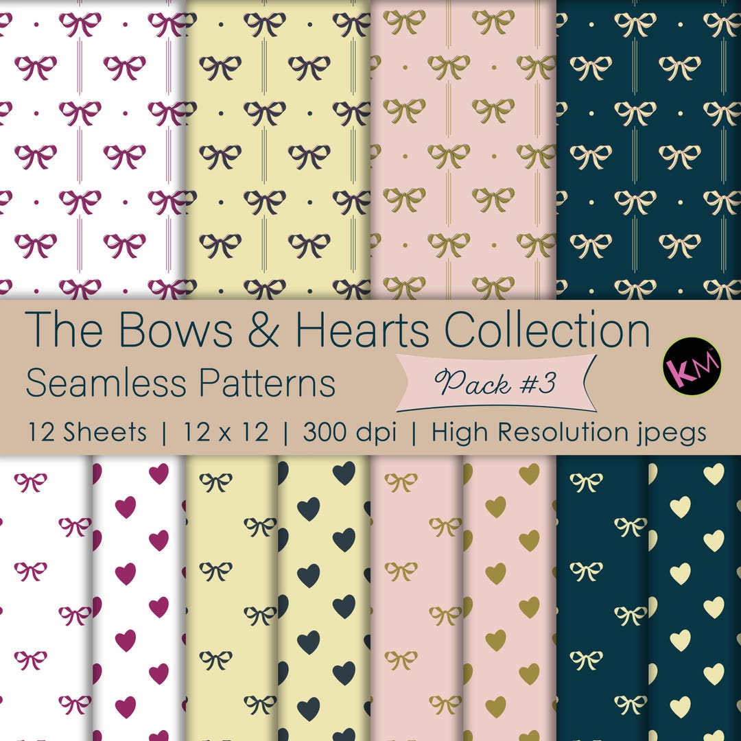 Hearts & Bows Digital Paper: Seamless Pastel Scrapbook Patterns ...