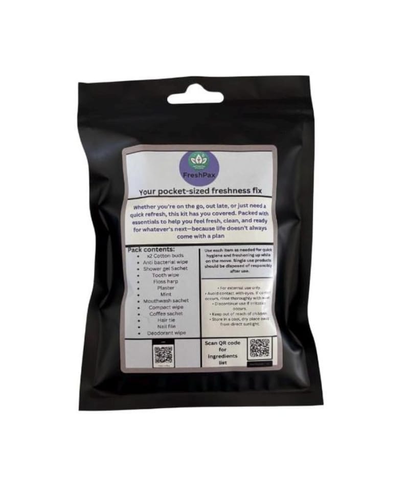 May include: A black pouch with a white label that reads "FreshPax Your pocket-sized freshness fix" and lists the contents of the pouch, including cotton buds, antibacterial wipes, shower gel, tooth wipes, floss, plasters, mouthwash, compact wipes, coffee sachets, hair ties, nail files, and deodorant wipes. A QR code is included for the ingredients list.