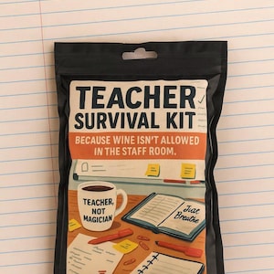 Puede incluir: Bolsa negra con la etiqueta "TEACHER SURVIVAL KIT" con el texto "BECAUSE WINE ISN'T ALLOWED IN THE STAFF ROOM." El diseño incluye una taza de café, un libro abierto y bolígrafos. La taza dice "TEACHER, NOT MAGICIAN."