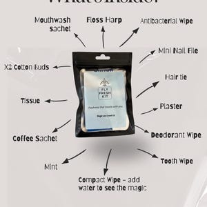 May include: A black pouch with the words "Fly Fresh Kit" printed on it. The pouch contains various travel essentials, including a tissue, floss, mouthwash, cotton buds, a mini nail file, a hair tie, a plaster, a deodorant wipe, a tooth wipe, a mint, and a compact wipe. The pouch is labeled with the text "Freshness that travels with you."