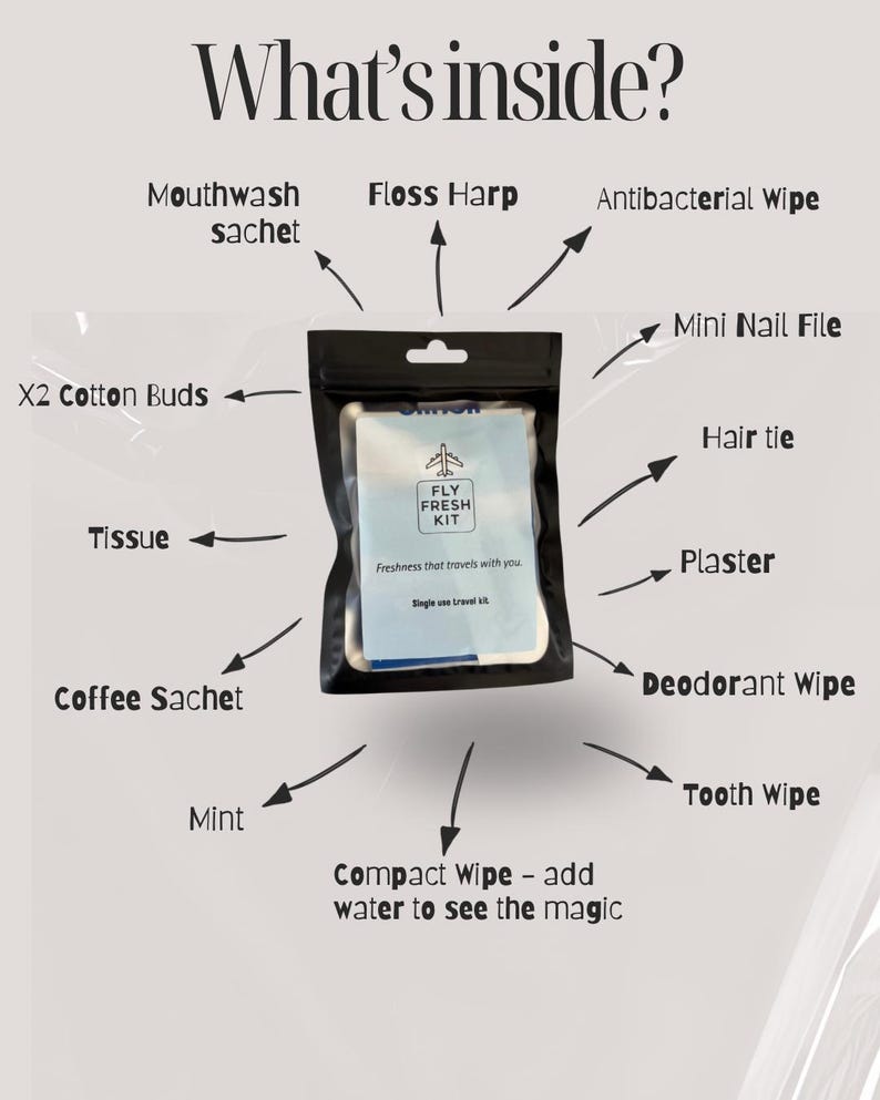 May include: A black pouch with the words "Fly Fresh Kit" printed on it. The pouch contains various travel essentials, including a tissue, floss, mouthwash, cotton buds, a mini nail file, a hair tie, a plaster, a deodorant wipe, a tooth wipe, a mint, and a compact wipe. The pouch is labeled with the text "Freshness that travels with you."
