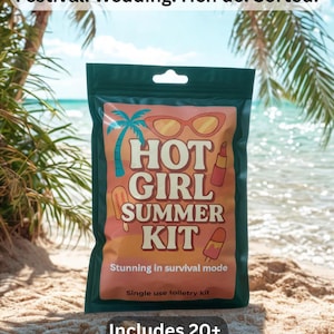 May include: A dark green pouch on a sandy beach with the text "HOT GIRL SUMMER KIT". The kit includes 20+ summer essentials. The pouch has a tropical design with sunglasses, a palm tree, and popsicles. Text at the top says "Festival. Wedding. Hen do. Sorted."