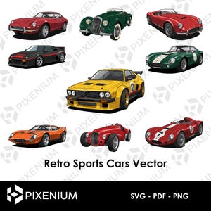 Auto Sportive Retrò in Vettoriale – Set di 9 Illustrazioni Vintage in SVG, PNG e PDF