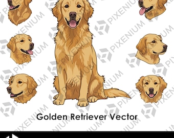 Golden Retriever Vector – 1 Full Body + 6 Heads – SVG PNG PDF – Dog Clipart for Cricut, Laser Cutting, Sublimation & Printing