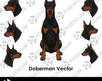 Doberman Vector – 6 Heads + 1 Full Body Sitting | SVG PNG PDF | Illustrations for Crafts and Sublimation