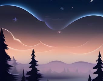 月明かりの夜 – 天体風景アートプリント、シュールな夜空の満ち欠けウォールアート、ファンタジーの森の月デジタルダウンロード