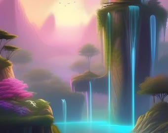 Cascade Heights – Surreal Fantasy Waterfall Landscape Print, Floating Islands Dreamscape Wall Art, Digital Download