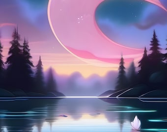 Celestial Bloom – Dreamy Crescent Moon Lake Print, Surreal Nature Landscape Wall Art, Digital Download Fantasy Decor