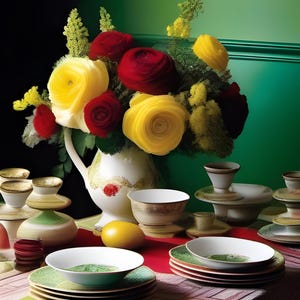 Puede incluir: Naturaleza muerta con un ramo de flores rojas y amarillas en un jarrón blanco, rodeado de un juego de porcelana fina. La porcelana incluye platos, cuencos y tazas de té con detalles verdes y dorados, sobre un mantel rojo y verde.