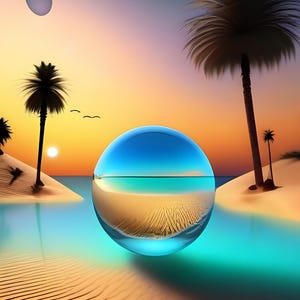 Può includere: Opera d'arte digitale raffigurante una scena di spiaggia tropicale. Una grande sfera trasparente riflette la spiaggia, l'oceano e il tramonto. Sono visibili palme e dune di sabbia, con un cielo sfumato di arancione, giallo e blu.