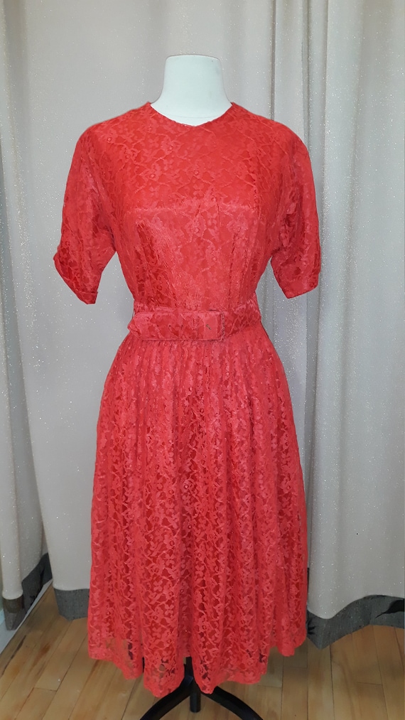 Vintage, Red, Lace Overlay, Cocktail Dress