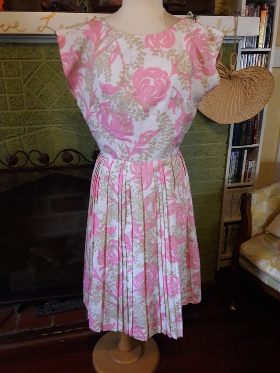 Vintage 50's Pink Floral Sleeveless Dress - image 1