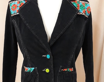 Restyled Black, Corduroy, Blazer Femme avec garniture vintage