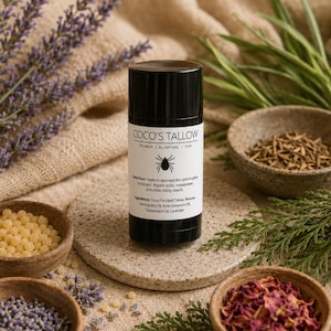 May include: A black cylindrical container of Coco's Tallow tick balm with a white label. The label features a tick icon, the text 'COCO'S TALLOW', 'TICK BALM', 'ALL NATURAL', '75 ml', usage directions, and a list of ingredients including tallow.