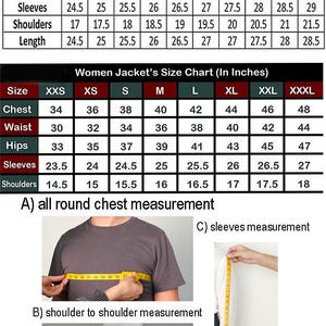 May include: A size chart for clothing with two tables labeled Mens Measurements In Inches and Women Jacket's Size Chart In Inches. Below are three instructional diagrams showing how to measure chest, shoulder to shoulder, and sleeve length.