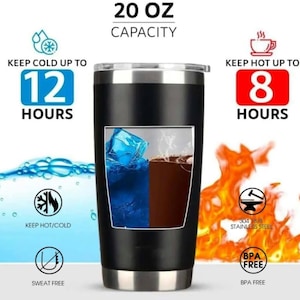 Puede incluir: Un vaso de acero inoxidable negro de 20 onzas con un dise&ntilde;o de doble pared. El vaso mantiene las bebidas fr&iacute;as hasta 12 horas y calientes hasta 8 horas. Es libre de sudor y BPA.