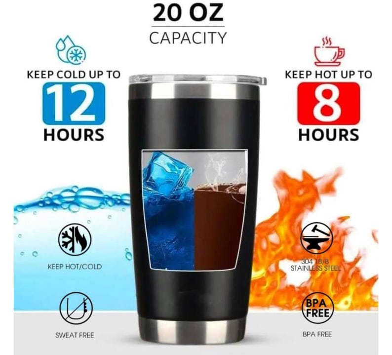 Puede incluir: Un vaso de acero inoxidable negro de 20 onzas con un dise&ntilde;o de doble pared. El vaso mantiene las bebidas fr&iacute;as hasta 12 horas y calientes hasta 8 horas. Es libre de sudor y BPA.