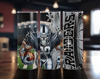 Vaso de 20 oz elaborado a mano con temática de los Raiders, con tapa a prueba de derrames y pajita.