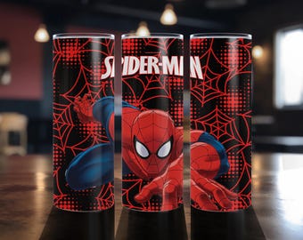 Spider-Man theme hand crafted 20oz tumbler with spill proof lid and straw.