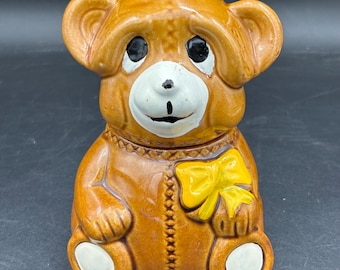 Vintage 1982 Houston Foods Teddy Bear Ceramic Honey Sugar Jar Brown Glazed Bear Yellow Bow Collectible Advertising Premium Kitchen Decor