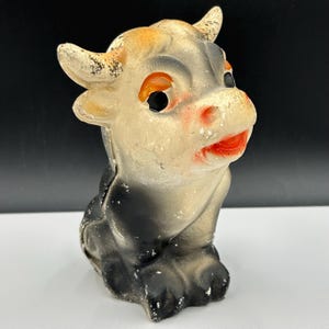 Vintage Chalkware Ferdinand the Bull Figurine 6” Tall Hand Painted Black White Orange Eyes Mid Century Carnival Prize Style