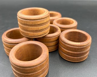 Set of 8 Vintage Wooden Napkin Rings MCM Ribbed Design Mid Century Tableware Natural Wood Tone Boho Rustic Dining Table Decor