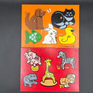 Vintage 1977 Judy Instructo Pets Wooden Peg Puzzle & Connor Toy Zoo Animals Puzzle Set | Retro Educational Toy Nursery Decor