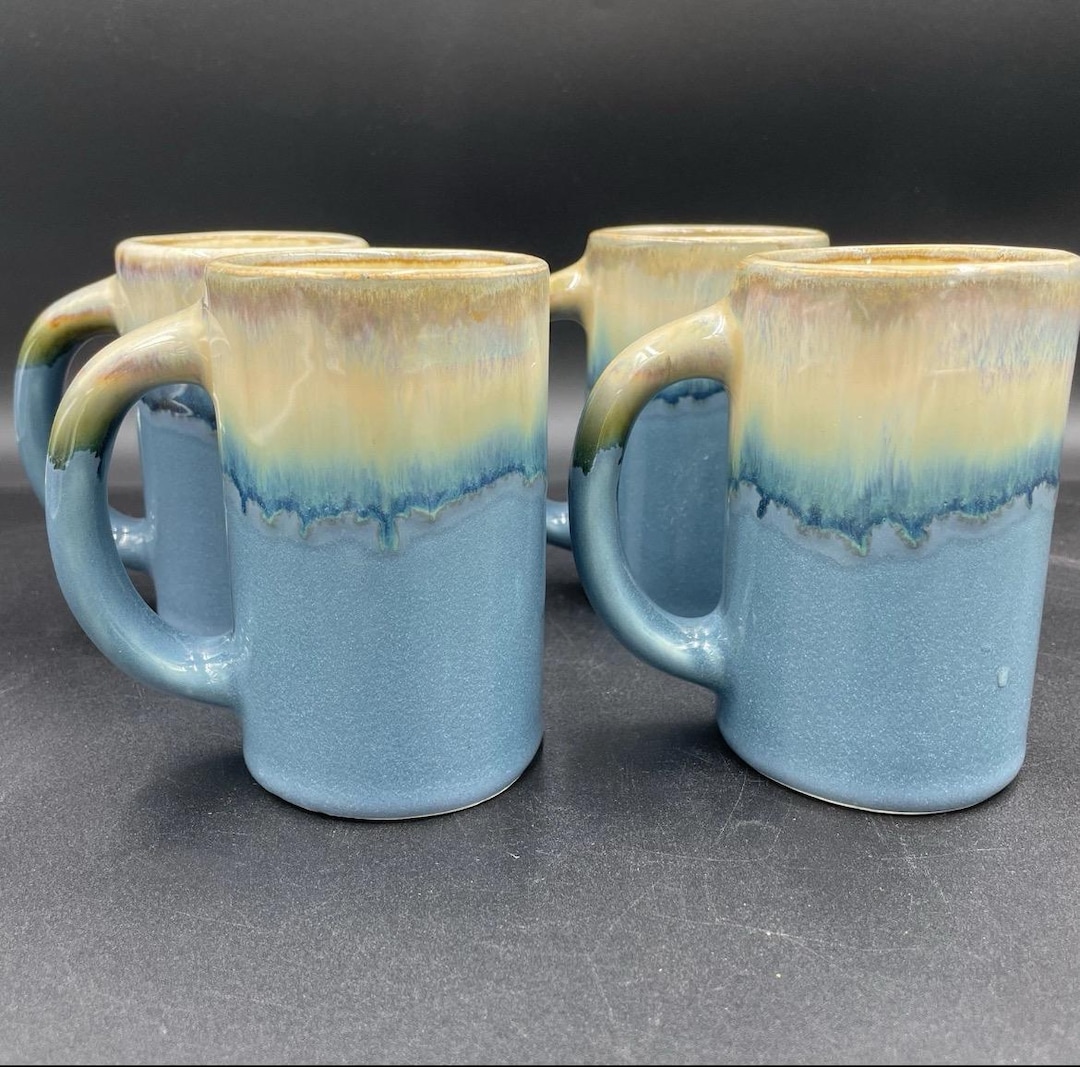 Set of 4 Rudolph Padilla Studio Pottery Mugs Handmade Drip Glaze Blue ...