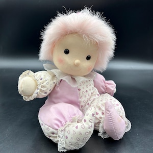 Vintage Poter Musical Clown Doll Pink Plush Purple Hearts Stuffed Toy 1988 Taiwan Wind Up Nursery Decor Retro Plush