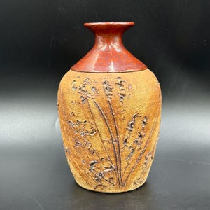 May include: A ceramic vase with a narrow neck and a wide, rounded body. The upper neck is finished in a smooth, glossy reddish-brown glaze, while the lower body features a textured, tan-colored surface with dark, embossed botanical patterns.
