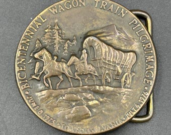 Vintage 1976 Bicentennial Wagon Train Pilgrimage Belt Buckle Brass Western Americana Collectible Frontier Wagon Horses USA