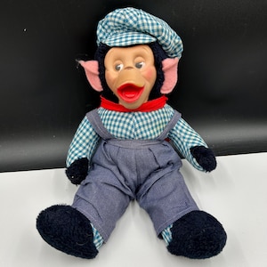 Vintage GUND Rubber Face Monkey Doll – 13” Plush Toy – Train Conductor Outfit – Taiwan – 1970s–80s Retro Rubber Face Plush Animal