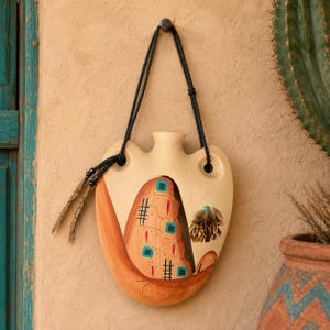 Southwest Pottery Wedding Vase Wall Pocket Native Style Feather Accent Signed TL Hand Painted Hanging Vessel Rustic Decor