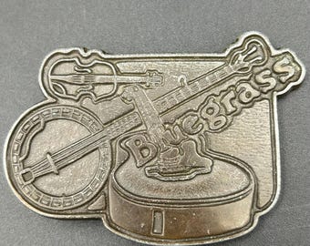 Bluegrass Metal Belt Buckle Banjo Guitar Fiddle Country Folk Music Western Americana Pewter Tone 1980s Vintage