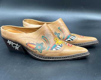 Vintage Stetson Leather Mules Size 6 Hand Painted Floral Western Shoes Brazil Boho Tooled Leather Slip On Heels Rustic Cowgirl