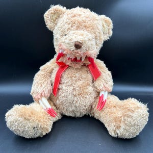 OOAK Custom Horror Teddy Bear Plush with Claws and Teeth – Creepy Plush Toy with Blood Stained Details – Unique Halloween Gift Idea