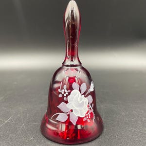 Fenton Cranberry Glass Bell | Hand Painted Floral | Signed Frida A | Ruby Red Art Glass Bell | Original Label | 4.25” Vintage Collectible