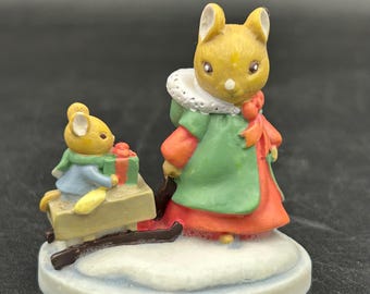 Forest Friends Sleigh Ride Figurine Christmas Mouse with Sled Vintage Holiday Winter Collectible Hand Painted Resin Miniature Decor