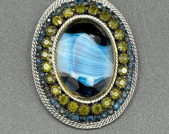 Vintage HAR Brooch Blue Glass Cabochon Green Blue Rhinestones Oval Pin Signed Collectible Costume Jewelry