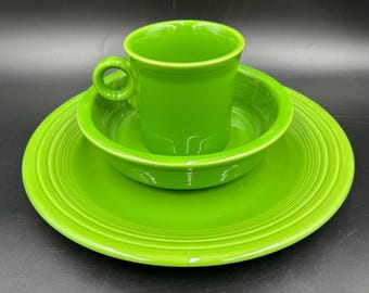 Vintage Fiesta Shamrock Grün 3-teiliges Gedeck Homer Laughlin USA Teller Müsli Schüssel Becher Tasse Fiesta Ware Helle Limette