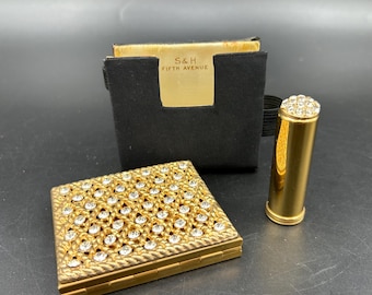 Vintage S&H Fifth Avenue Rhinestone Compact Lipstick Holder Complete Set Gold Tone Makeup Case Powder Pocket Sifter New York Glam Vanity
