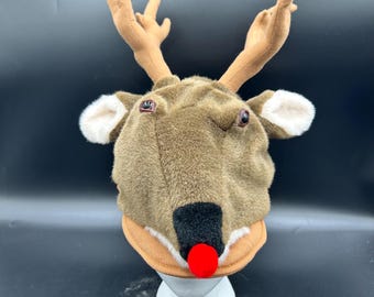 Rudolph Red Nose Reindeer Plush Hat Christmas Deer Antler Costume Cap Holiday Novelty Winter Party Accessory Adult Cosplay