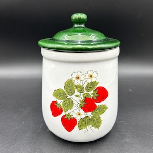 Vintage McCoy Strawberry Canister Jar with Lid & Rubber Seal 10” Tall – Green Top, Red Fruit, USA Pottery, Farmhouse Kitchen Decor